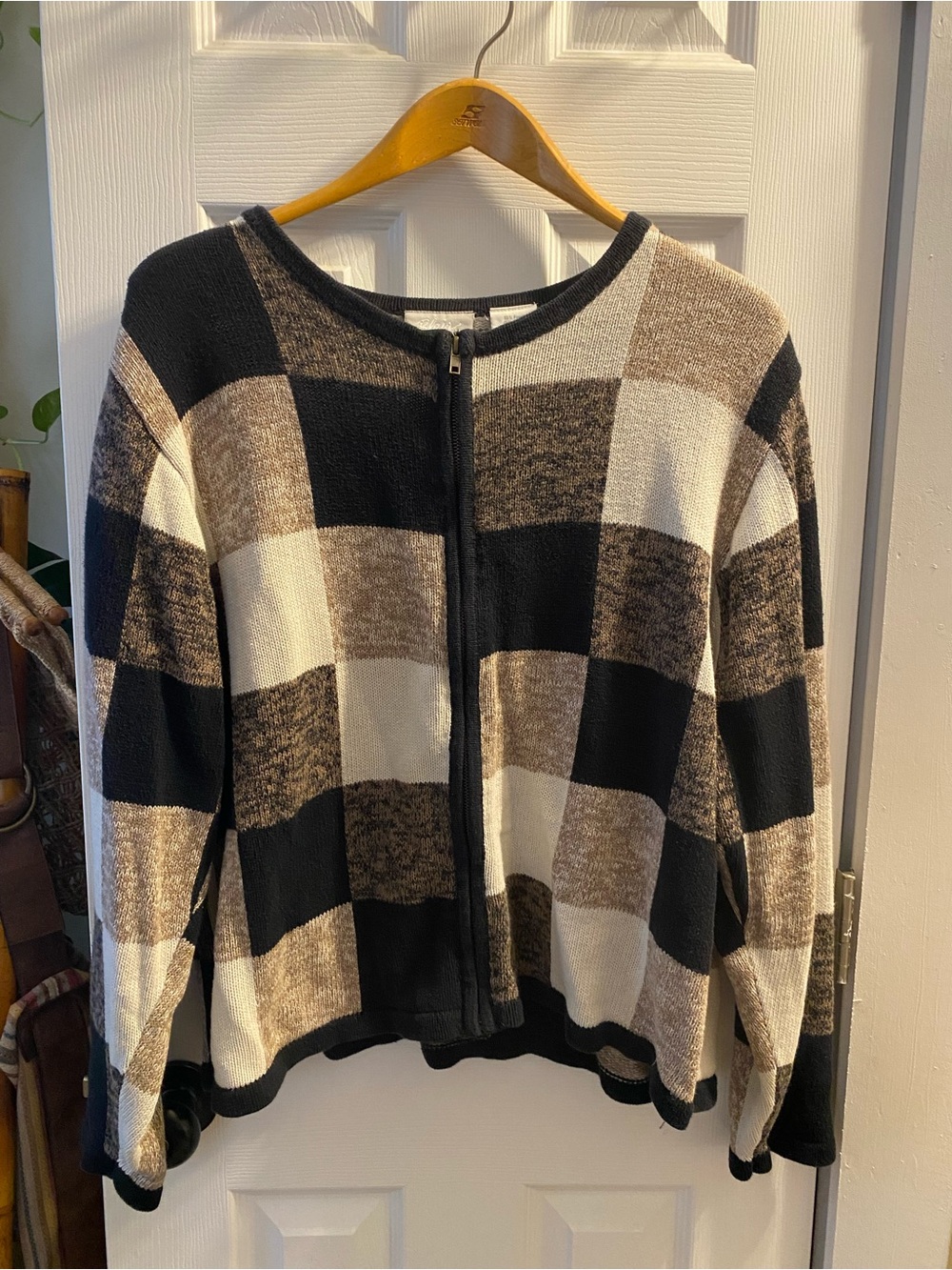 Blair Black Cream Brown Checked Zip-Front Cardigan